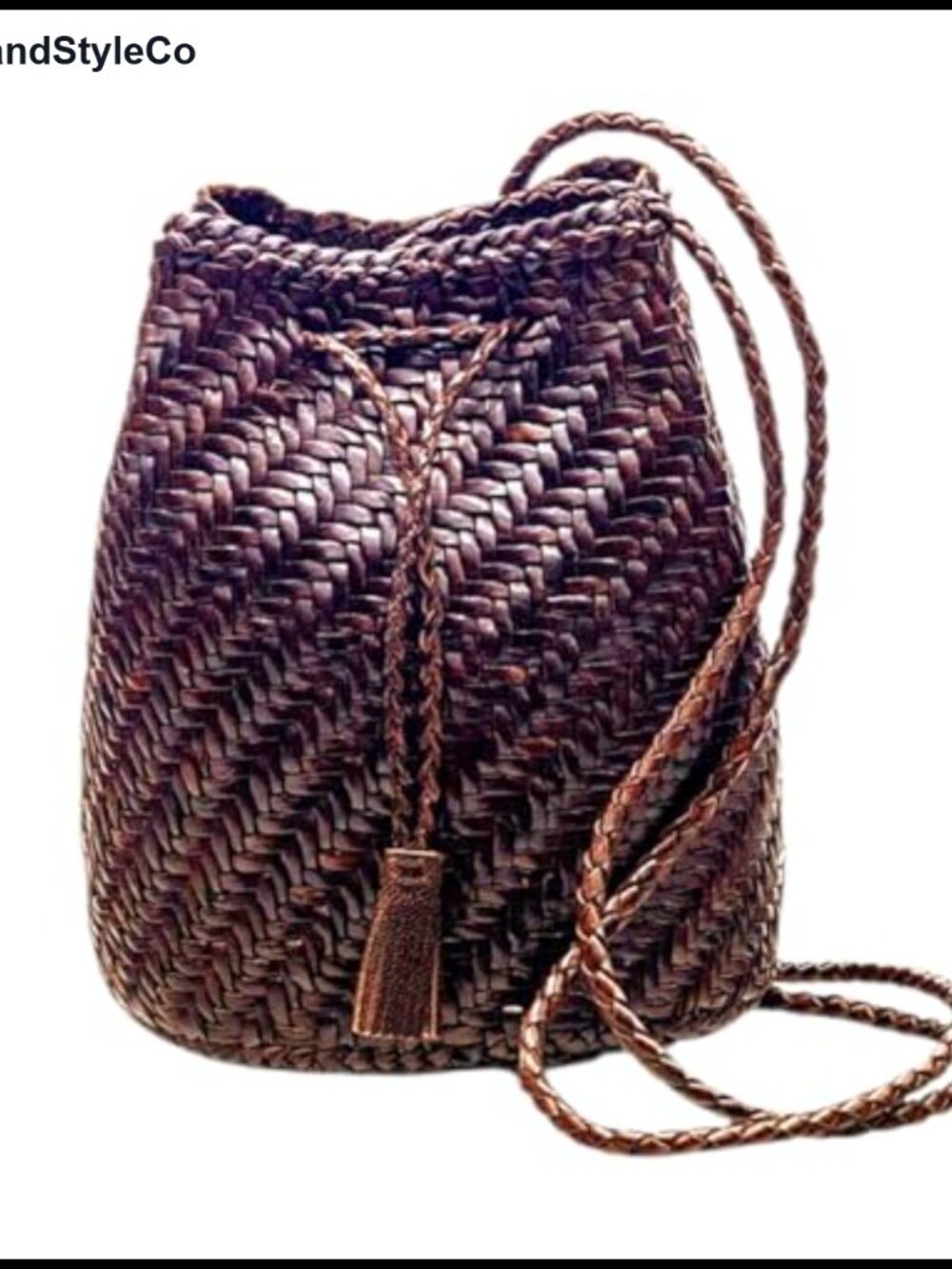 Handwoven Genuine Leather Bucket Tote Bag Compact Drawstring Crossbody